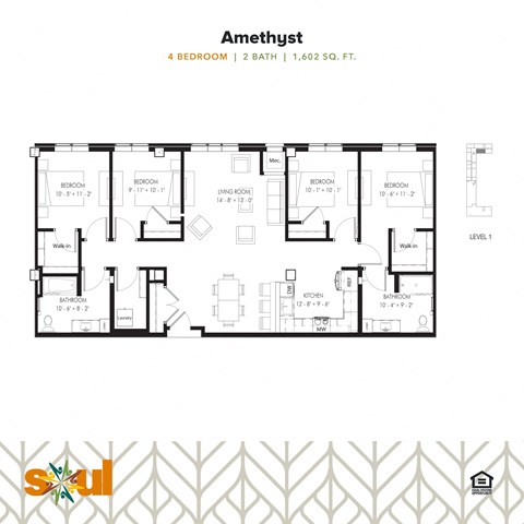 A floor plan for a 2 bathroom, 4 bedroom apartment.